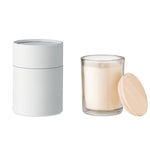 Load image into Gallery viewer, Vanilla fragranced wax candle in glass with a bamboo lid
