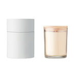 Load image into Gallery viewer, Vanilla fragranced wax candle in glass with a bamboo lid
