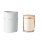 Load image into Gallery viewer, Vanilla fragranced wax candle in glass with a bamboo lid
