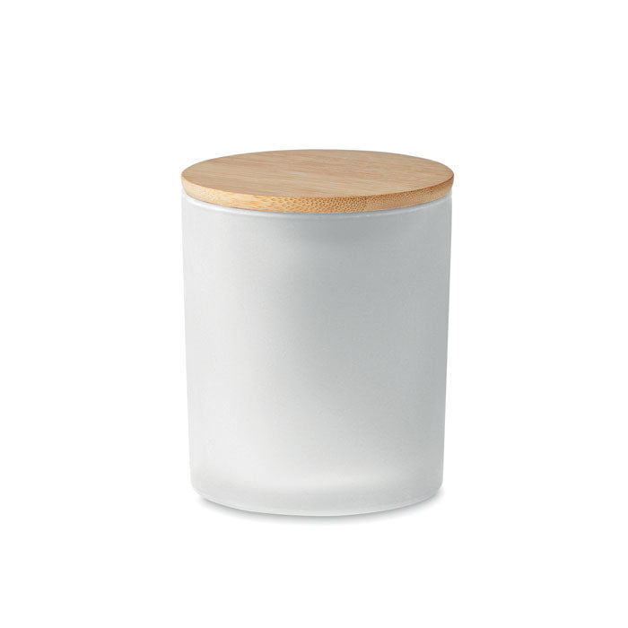 Fragranced plant based wax candle in frosted glass jar holder with bamboo lid