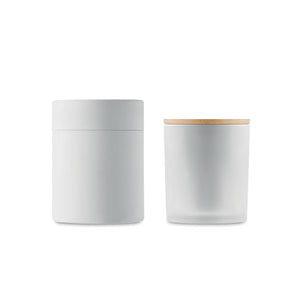 Fragranced plant based wax candle in frosted glass jar holder with bamboo lid