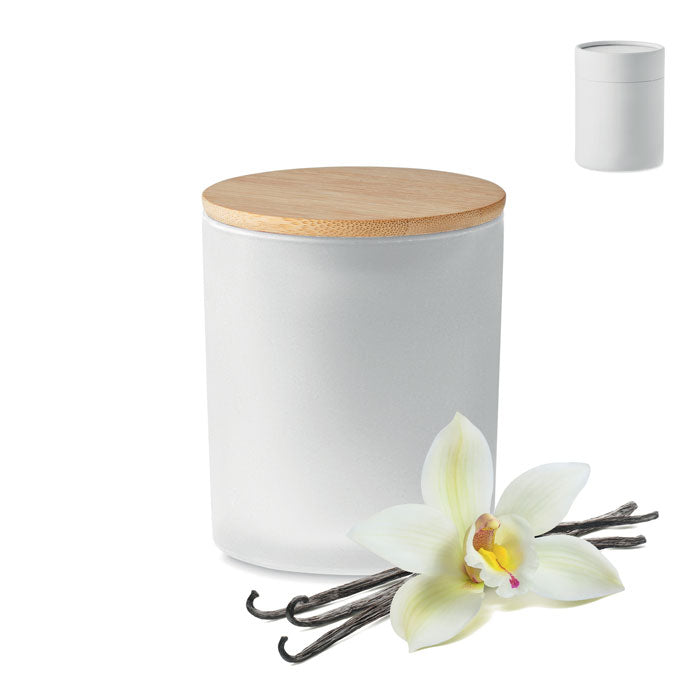 Fragranced plant based wax candle in frosted glass jar holder with bamboo lid