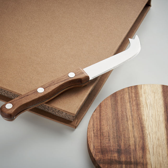 Small acacia wood cheese board with knife in stainless steel