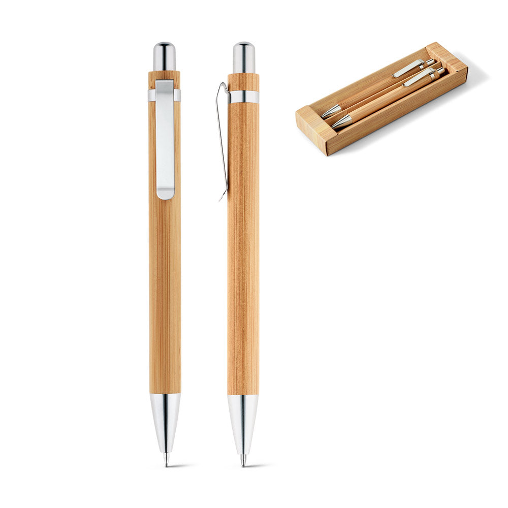 Personalised Ball pen and mechanical pencil set in bamboo