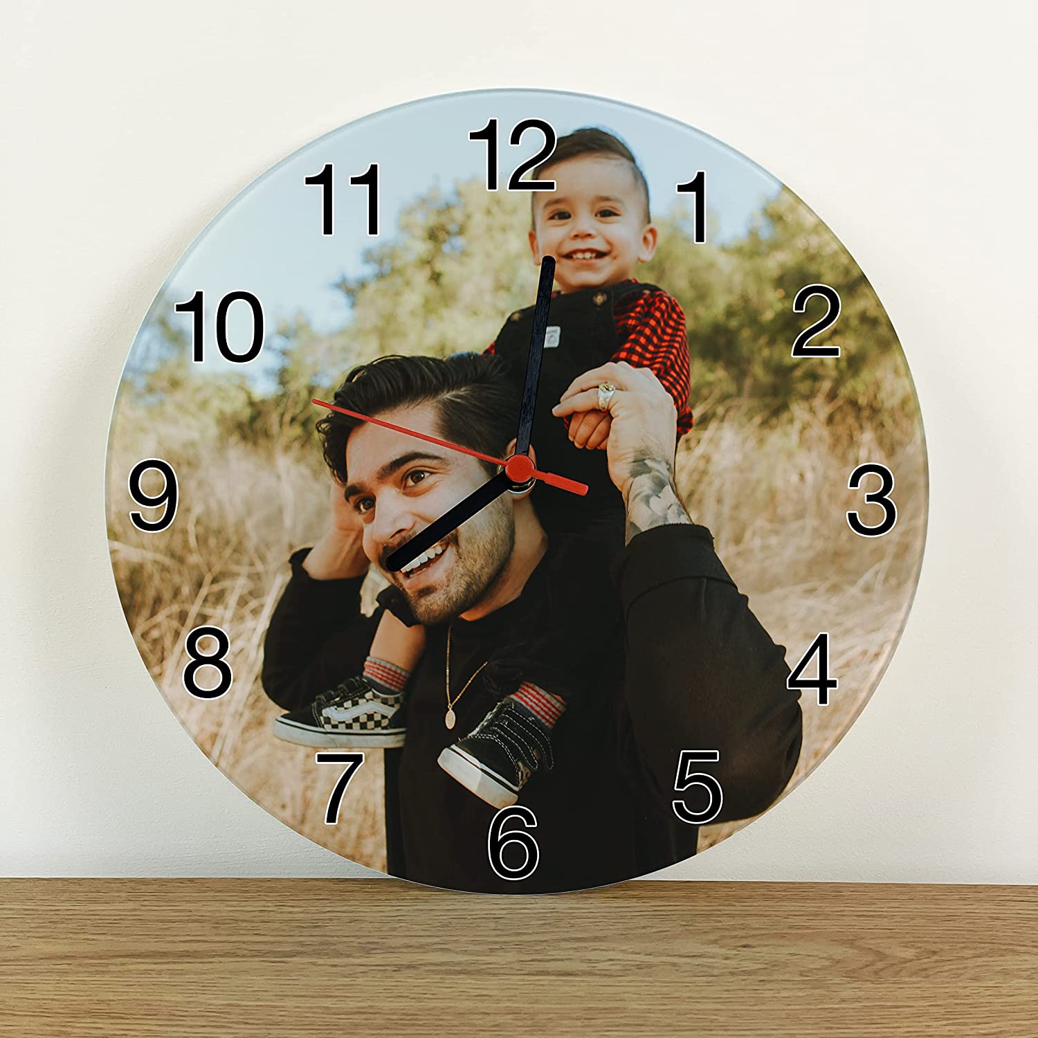Personalised Clock, 18 cm Glass Round, Black/Red Plastic Hands